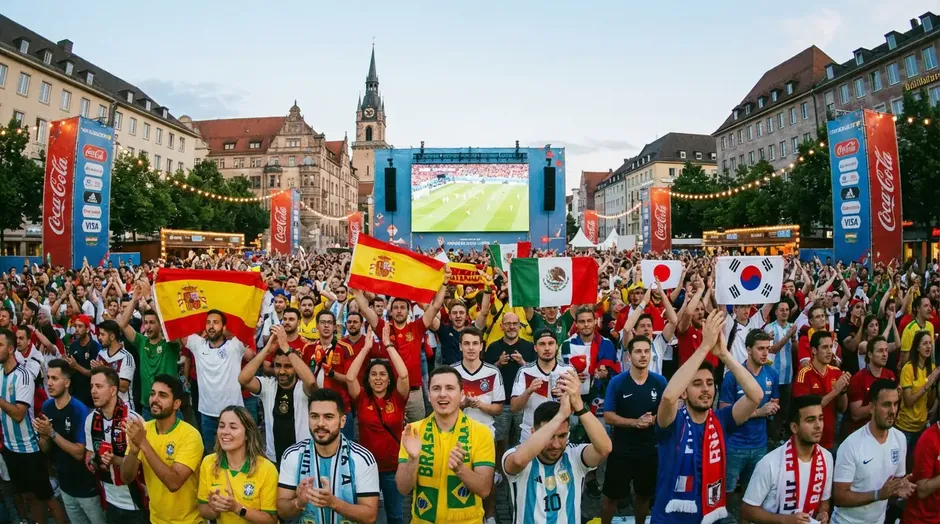 Futbaloví fanúšikovia s vlajkami sledujú zápas na veľkoplošnej obrazovke vo fanzóne