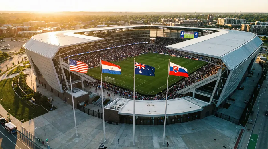 Skupina D na MS 2026 s vlajkami USA, Paraguaja, Austrálie a Slovenska