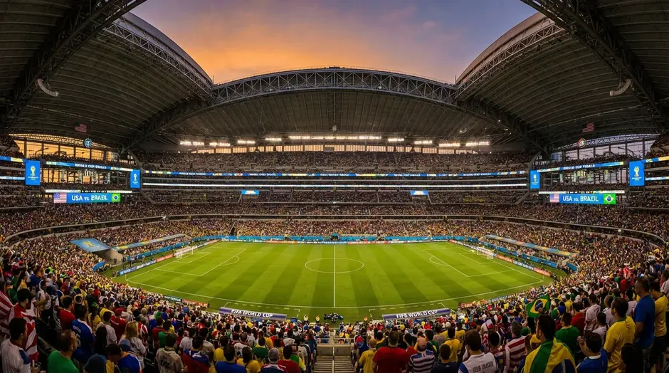 Panoramatický pohľad na moderný futbalový štadión zaplnený divákmi počas večerného zápasu