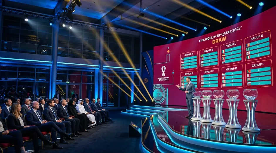 Pódium so žrebovacími loptičkami a tabuľou skupín na žrebovaní MS vo futbale 2026