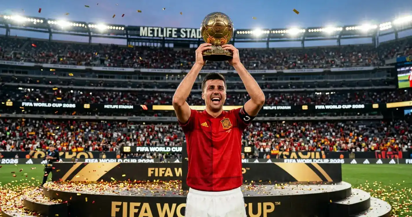 Rodri dvíha trofej Zlatej lopty MS 2026 na MetLife Stadium