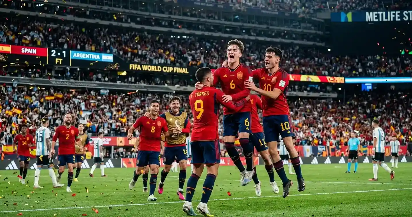 Oslavy španielskeho tímu po víťaznom góle vo finále MS 2026